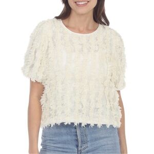 RAIN Eyelash Fringe Lace Blouse Short Sleeve Boho Top Off White Women’s Sz M